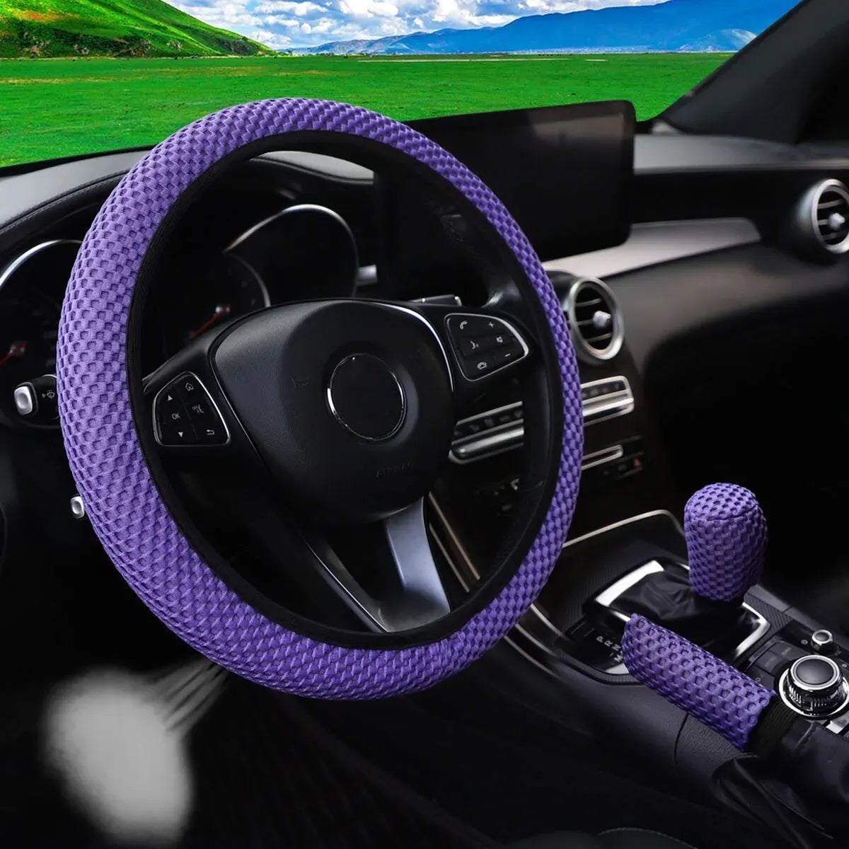 3 Car Massage Mesh Cloth Steering Wheel Cover Handbrake & Handle Cover Set Breathable No detail view