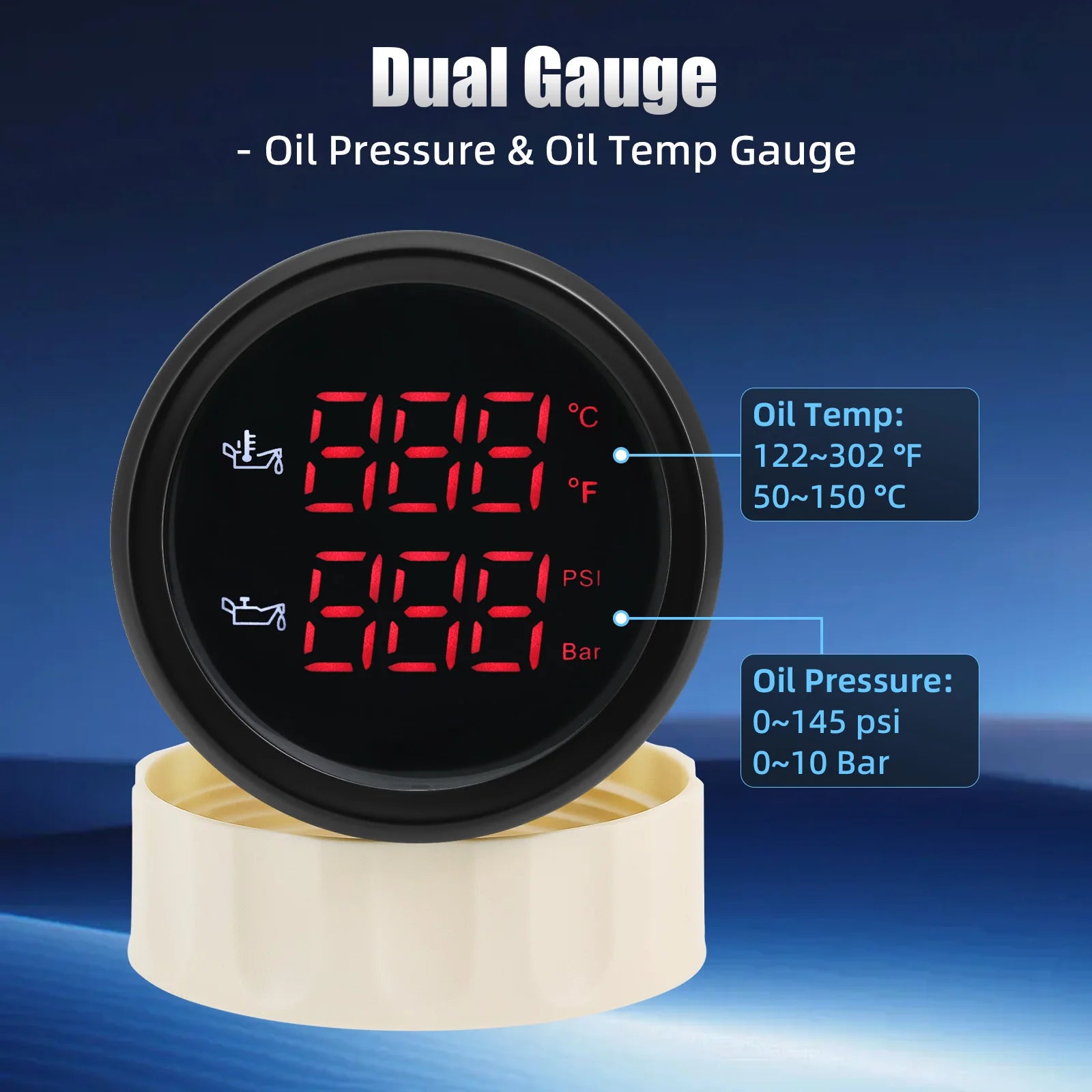 52MM 2 in 1 Digital Oil Temperature and Oil Pressure Gauge | Red LED Display for 12V 24V Vehicles