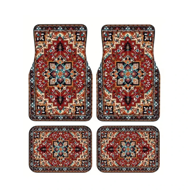 Red Bohemian Paisley Print Car Floor Mats 4Pcs Universal Anti-Slip Auto Carpet Interio close-up view