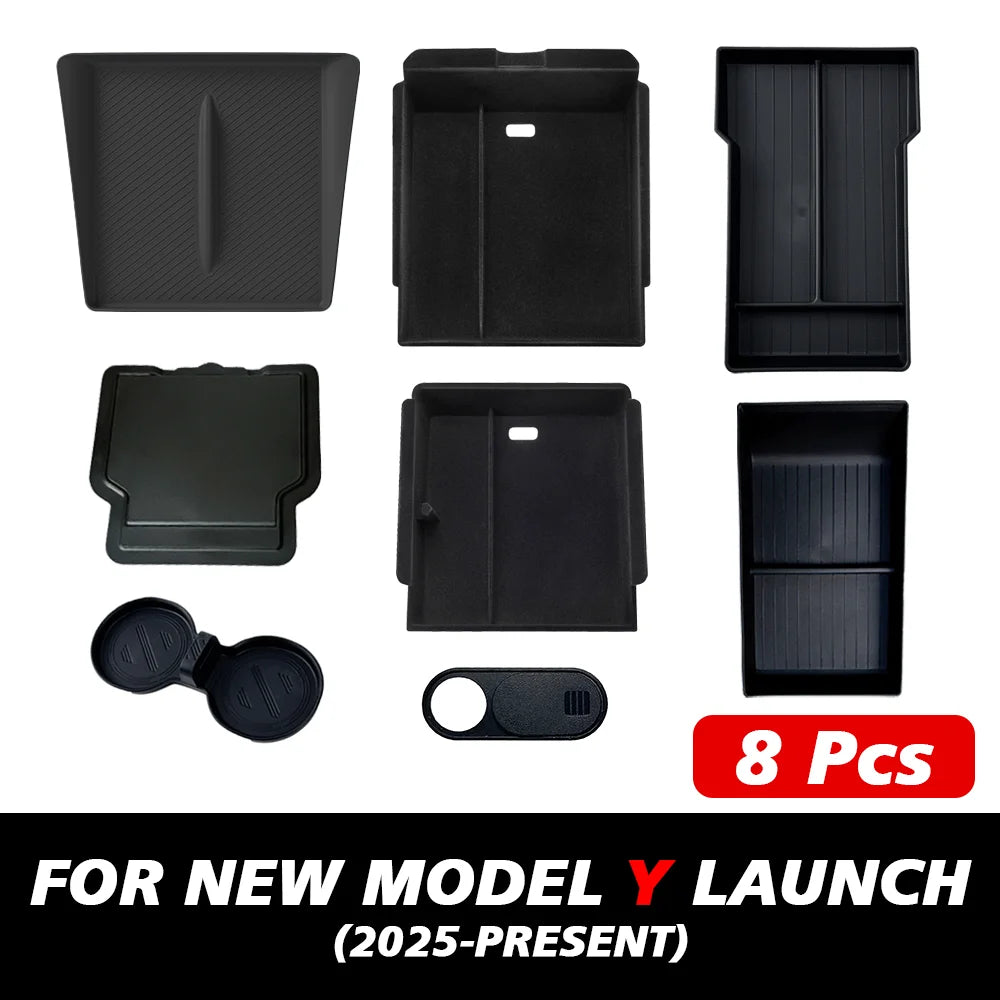 For Tesla New Model Y Juniper 2025 Launch Console & Armrest Upper and Lower Flocking Storage Box Watercup Holder Camera Cover