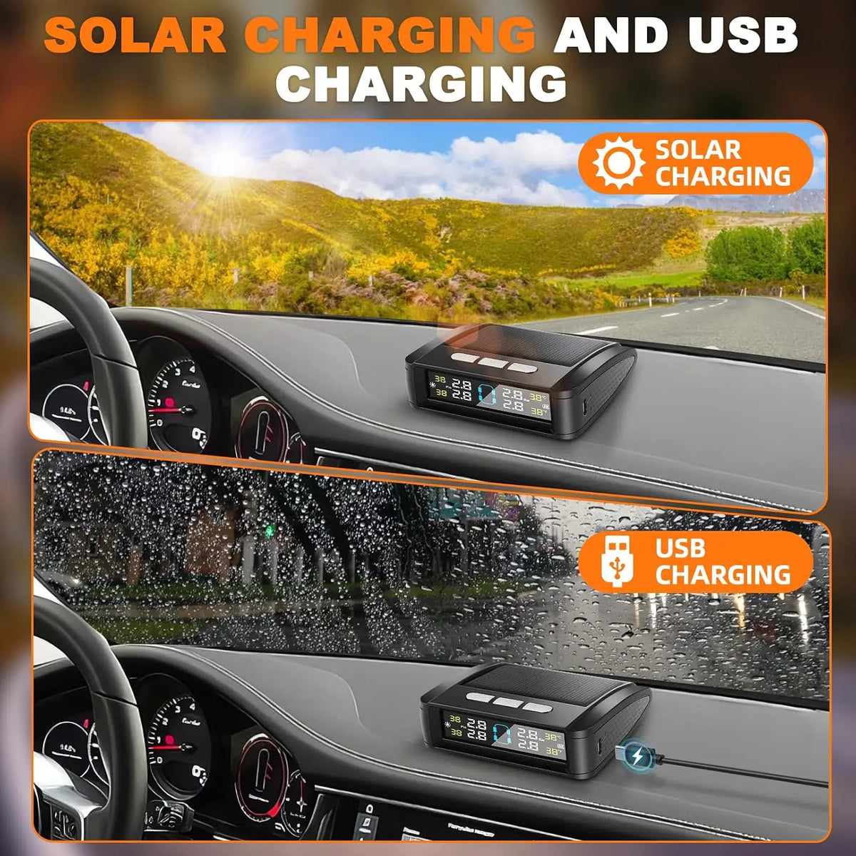 Tire Pressure Monitoring System, Universal Wireless TPMS with Solar And USB Charging, 5 Alarm Modes, Real-Time Monitoring of Pressure And Temperature, Auto And Color Display Screens, Suitable for 4-Wheeled Vehicles