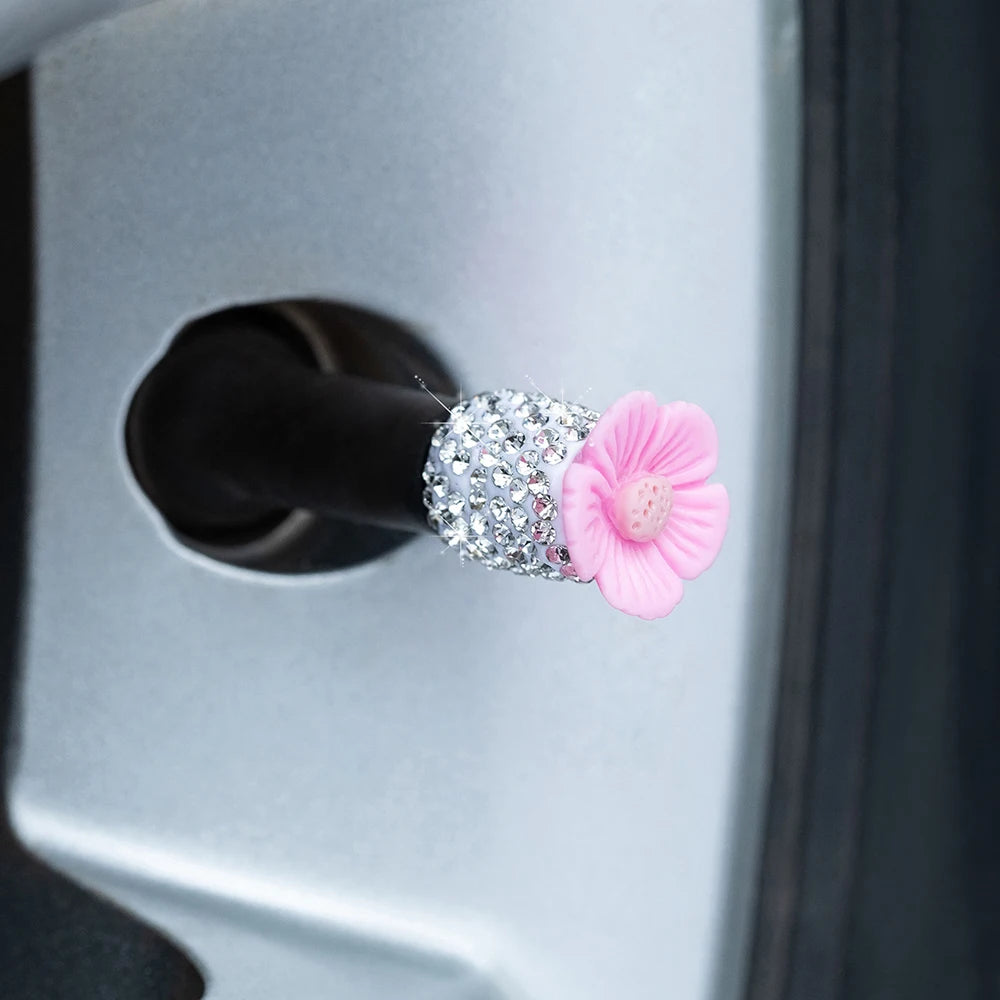 4PC Bling Valve Stem Caps Crystal Rhinestone Car Tire Valve Caps | Flower Dustproof Univ detail view
