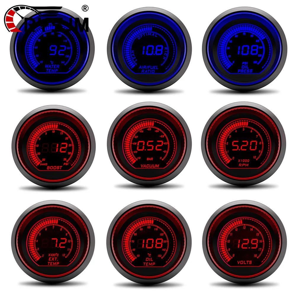 52MM Red Blue Dual LED Water Temp Oil Temp Air Fuel Ratio Oil Press Vacuum Tachometer Boost Gauge Volt Exhaust Temp Car Meter