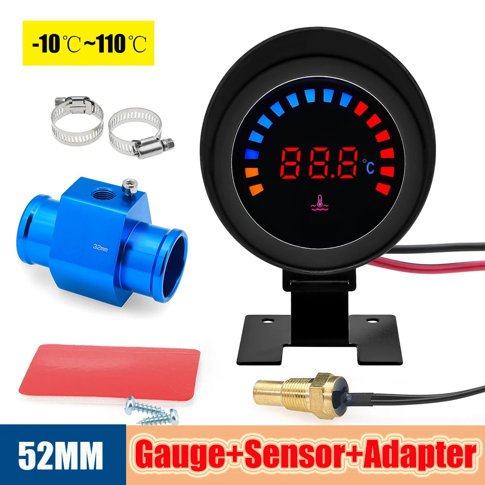 52mm Auto Water Temperature Meter | Universal LCD Digital Thermometer with Sensor and 1/8NPT Adapter