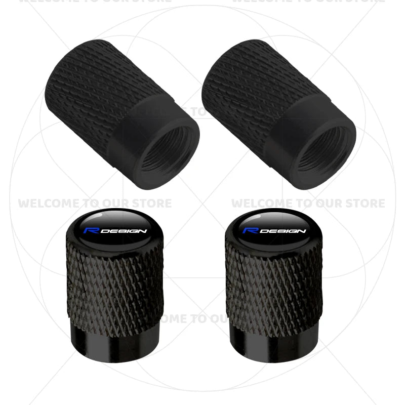 For Volvo R Design Emblem Aluminum Tire Valve Caps | 4-Pack Dust Covers close-up view