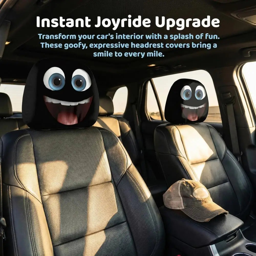 2PCS Blue Big Laugh Eyes Car Headrest Covers 2D Double Print Universal Funny Auto Deco close-up view