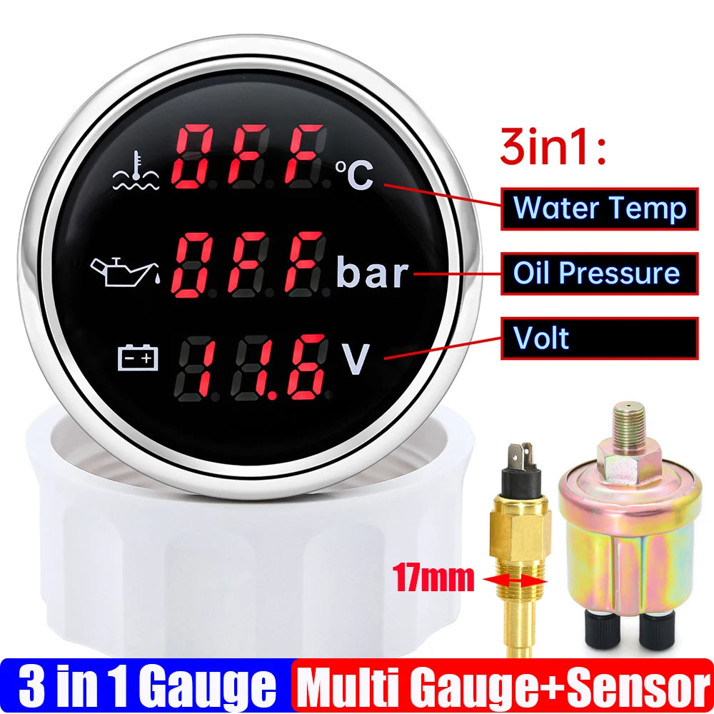 3 In 1 Digital 52mm Gauge with Alarm 0~120℃ Water Temperature Gauge+Oil Pressure+Voltage with Oil Press/Water Temp Sensor Custom