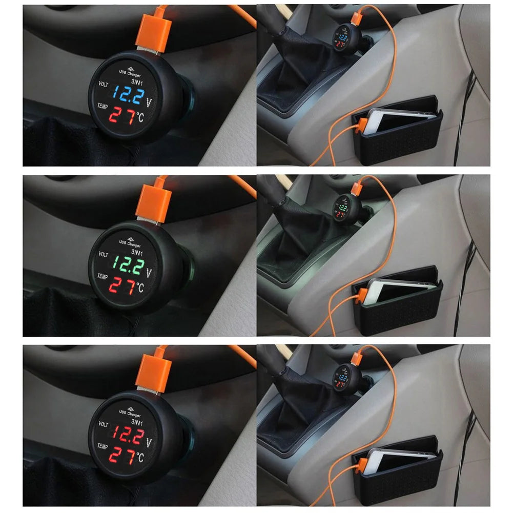 3 in 1 Car LED Digital Voltmeter Gauge Thermometer USB Charger | 12V/24V Dual USB Por lifestyle view