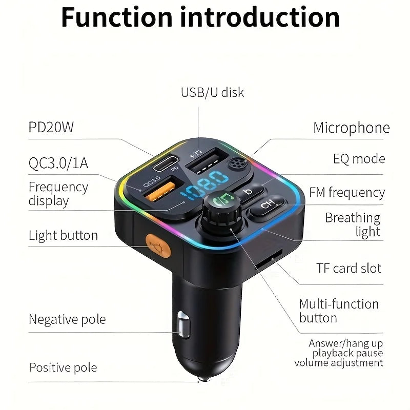 FM Transmitter Bluetooth 5.3 Handsfree Car AUX Radio Modulator MP3 Player with PD20 additional angle