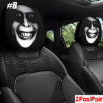 2PCS Generic Car Headrest Covers with Funny Smiley Face Design, Black Elastic Fabric, close-up view