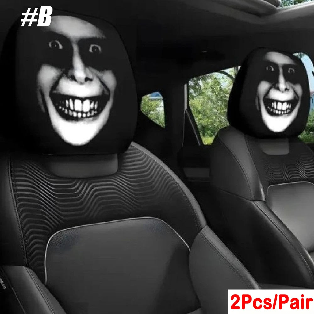 2PCS Generic Car Headrest Covers with Funny Smiley Face Design, Black Elastic Fabric, close-up view