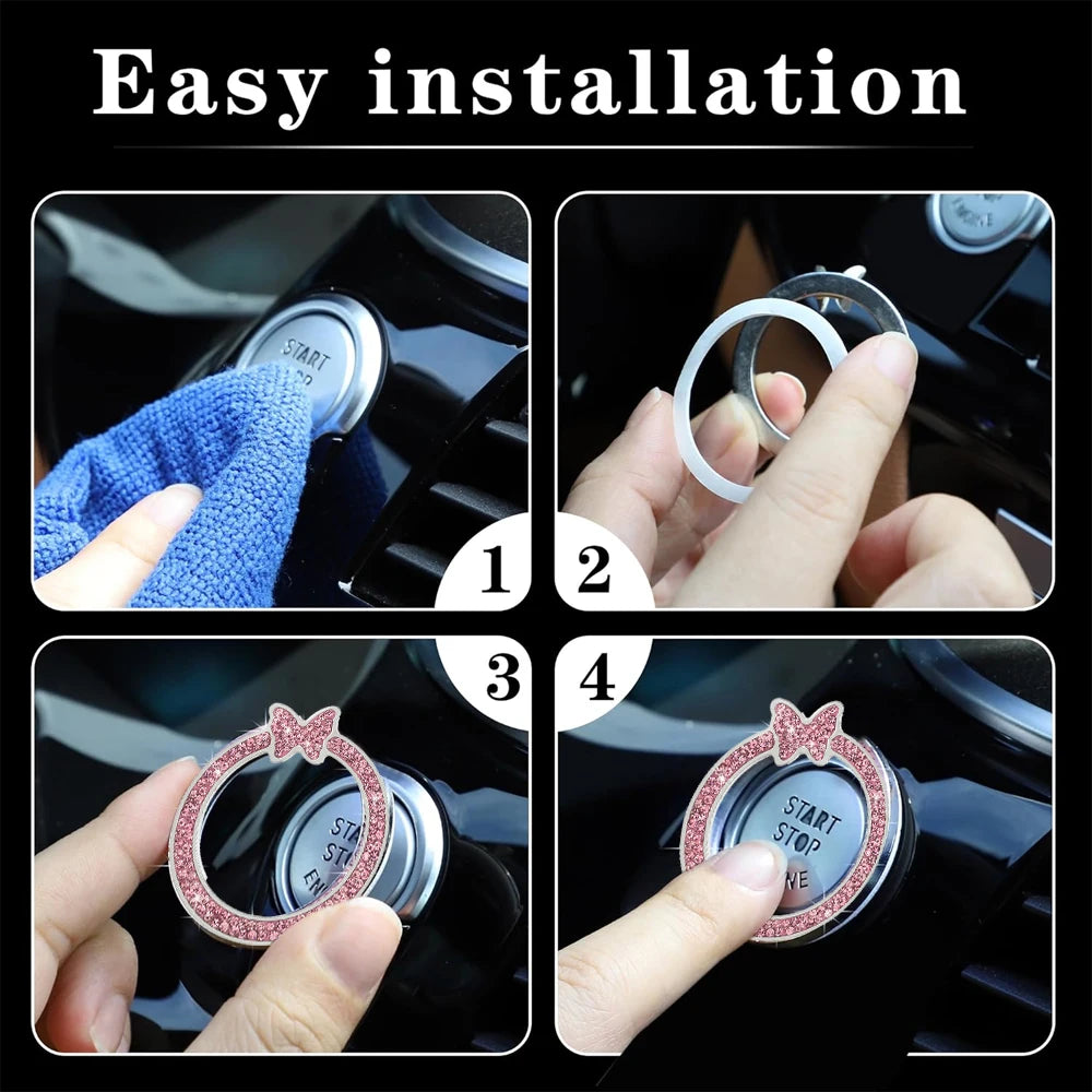 1PCS Car Bling Ring Crystal Car Stickers Rings Womens Car Decals, Push Start Button additional angle