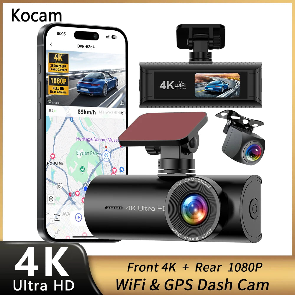 Kocam 4K WiFi Dash Cam | Dual Lens Car DVR with Night Vision and GPS