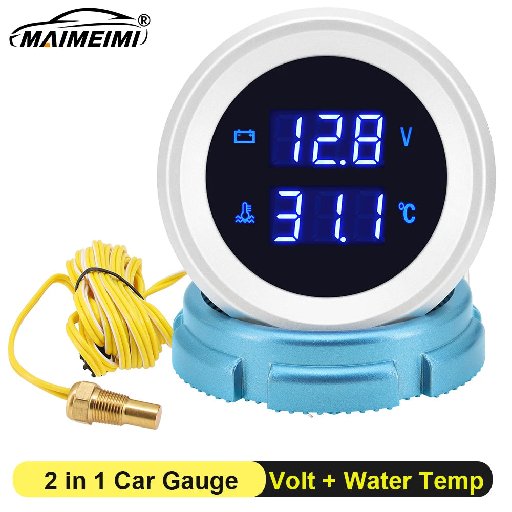 2" 52mm Water Temperature Gauge with Sensor | Blue LED Digital Voltage Volt Meter 2 in 1 for Car Boa