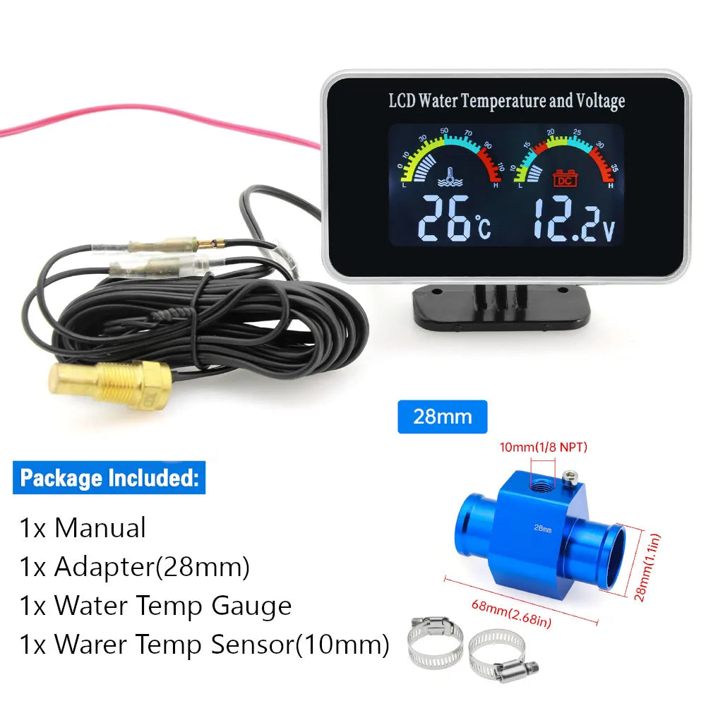 HD Car LCD Water Temperature Meter Thermometer Voltmeter Gauge 2in1 Temp&Voltage Meter 10mm Sensor 26~40mm Adapter(Option)12V/24