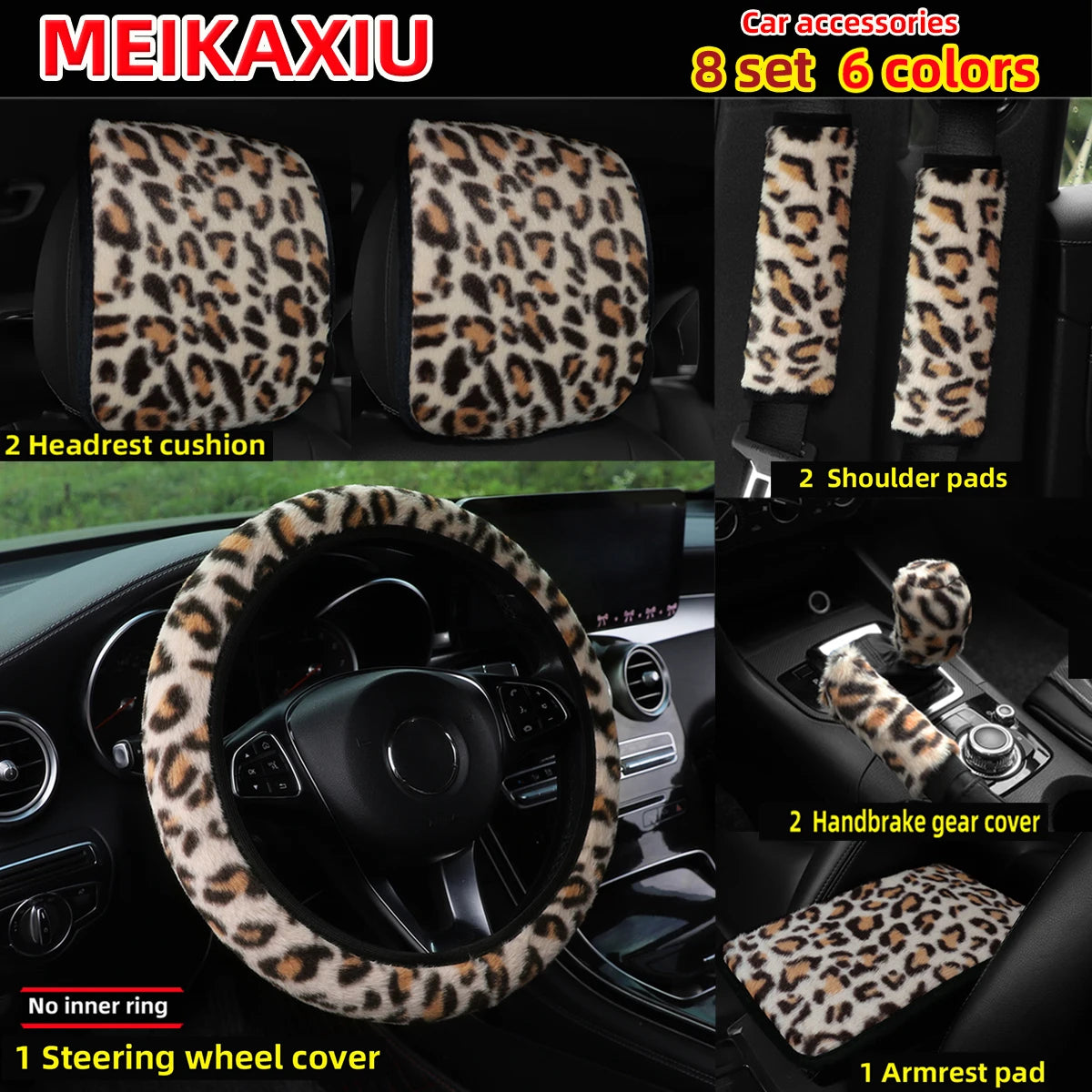 8 Set leopard print plush car rimless steering wheel cover, gear shift cover, shoulde lifestyle view