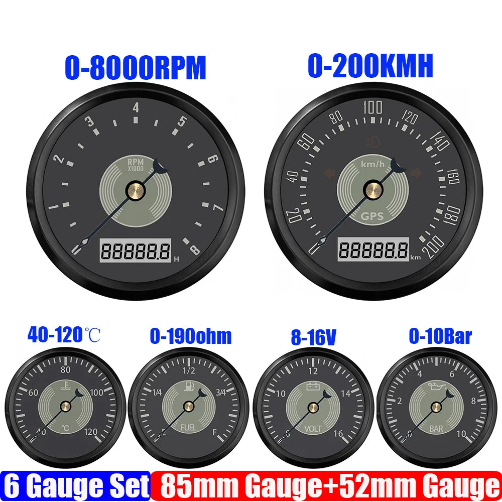 Retro 6 Gauge Set | 85mm GPS Speedometer, 8000RPM Tachometer, and 52mm Water Temp Oil close-up view