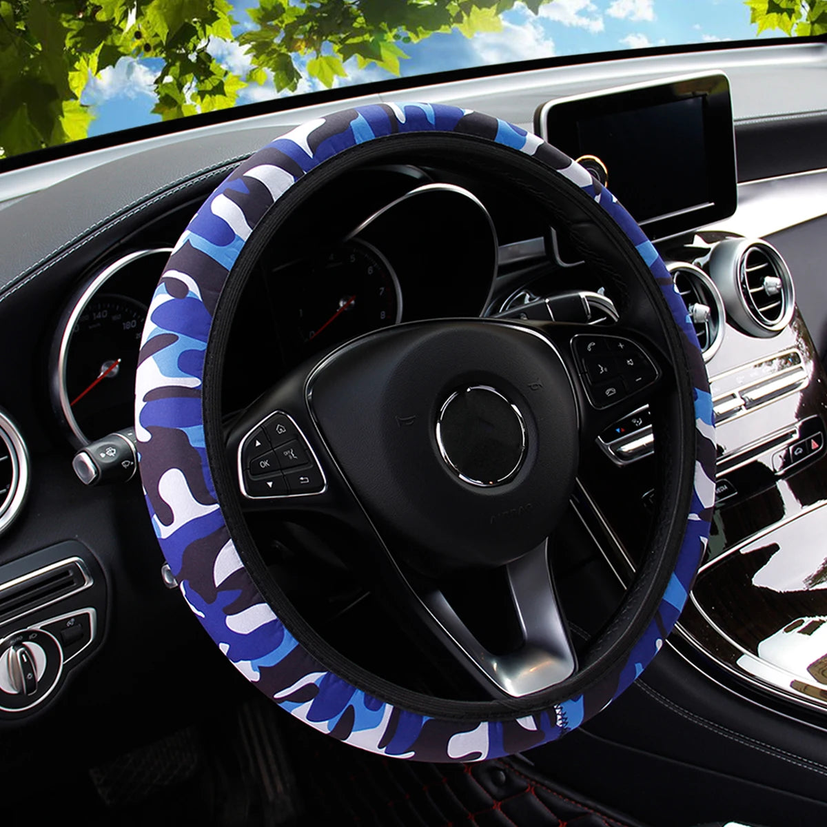 19 Diving material printed fabric car rimless steering wheel cover Christmas camouflag close-up view