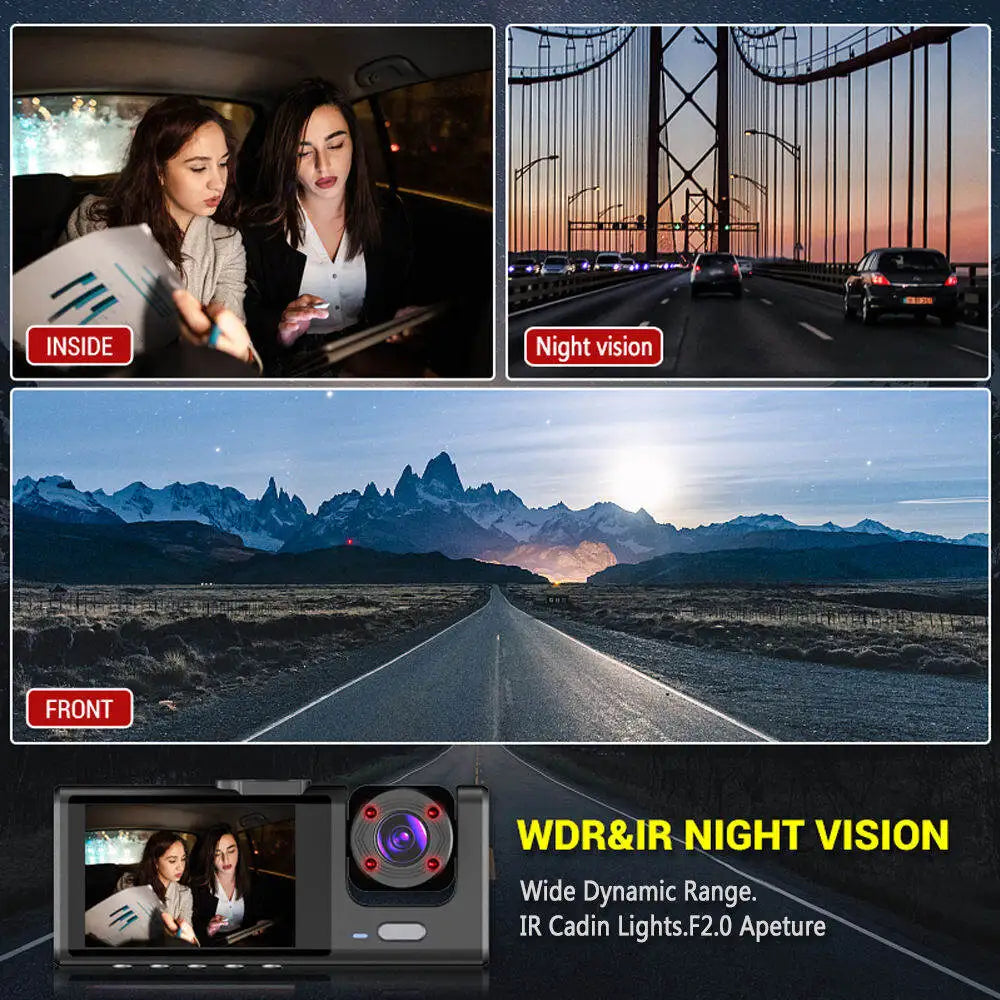 Dash Cam W/ IR Night Vision Loop Recording & 2" IPS Screen 1080P 3 Camera ， DVR record close-up view