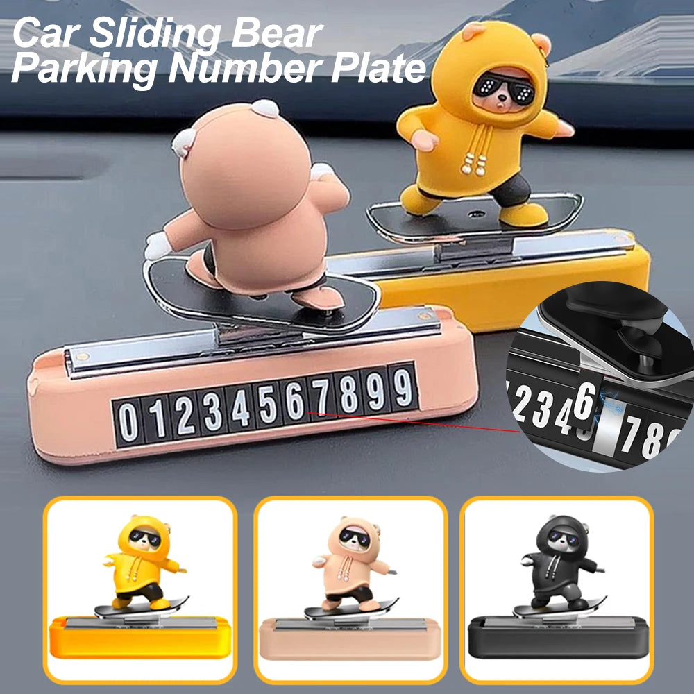 New Dashboard Car Decorations Skateboard Bear Magnetic Parking Number Plate Creative Car Cartoon Interior Interior Accessories