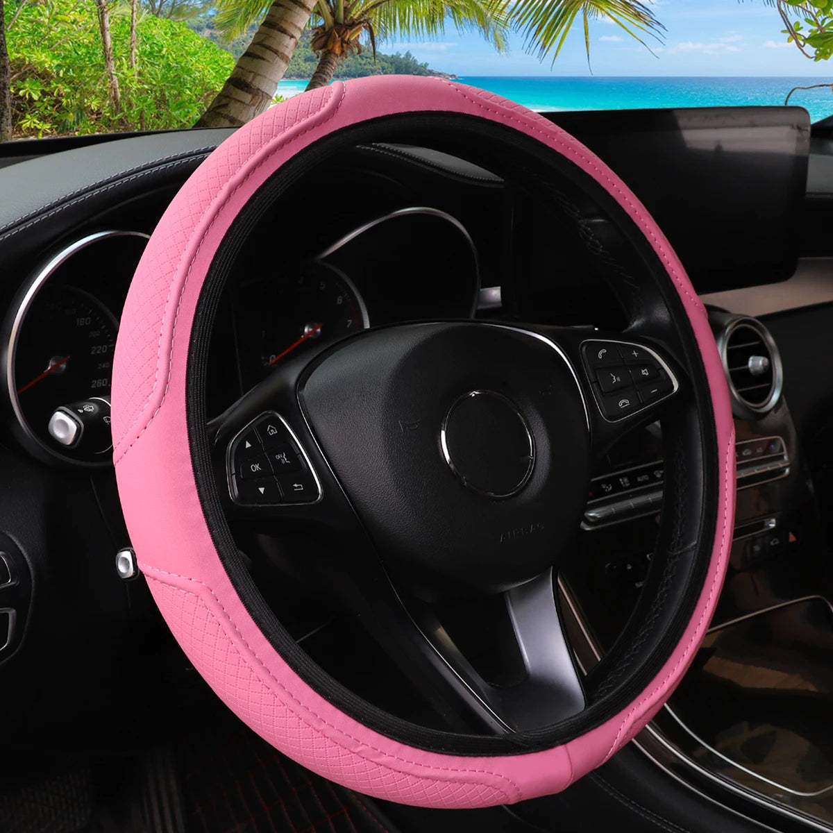 PU Leather Checkered Embossed Streamlined Car Rimless Steering Wheel Cover Suitable for 37-38CM Car