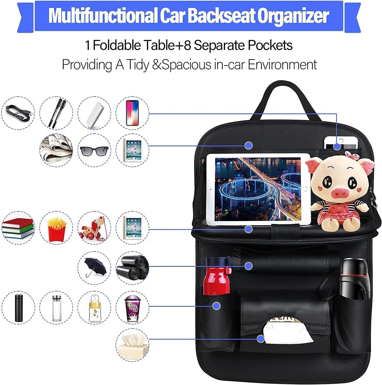 Car Seat Back Organizer PU Leather Foldable Table Tray with Storage Pockets And Kick M close-up view
