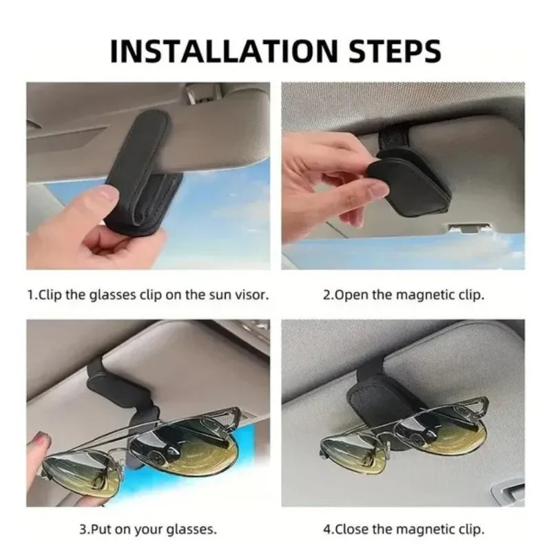 Car Sunglasses Holder Car Magnetic Leather Clip Card Ticket Holder Auto Sun Visor Glas close-up view