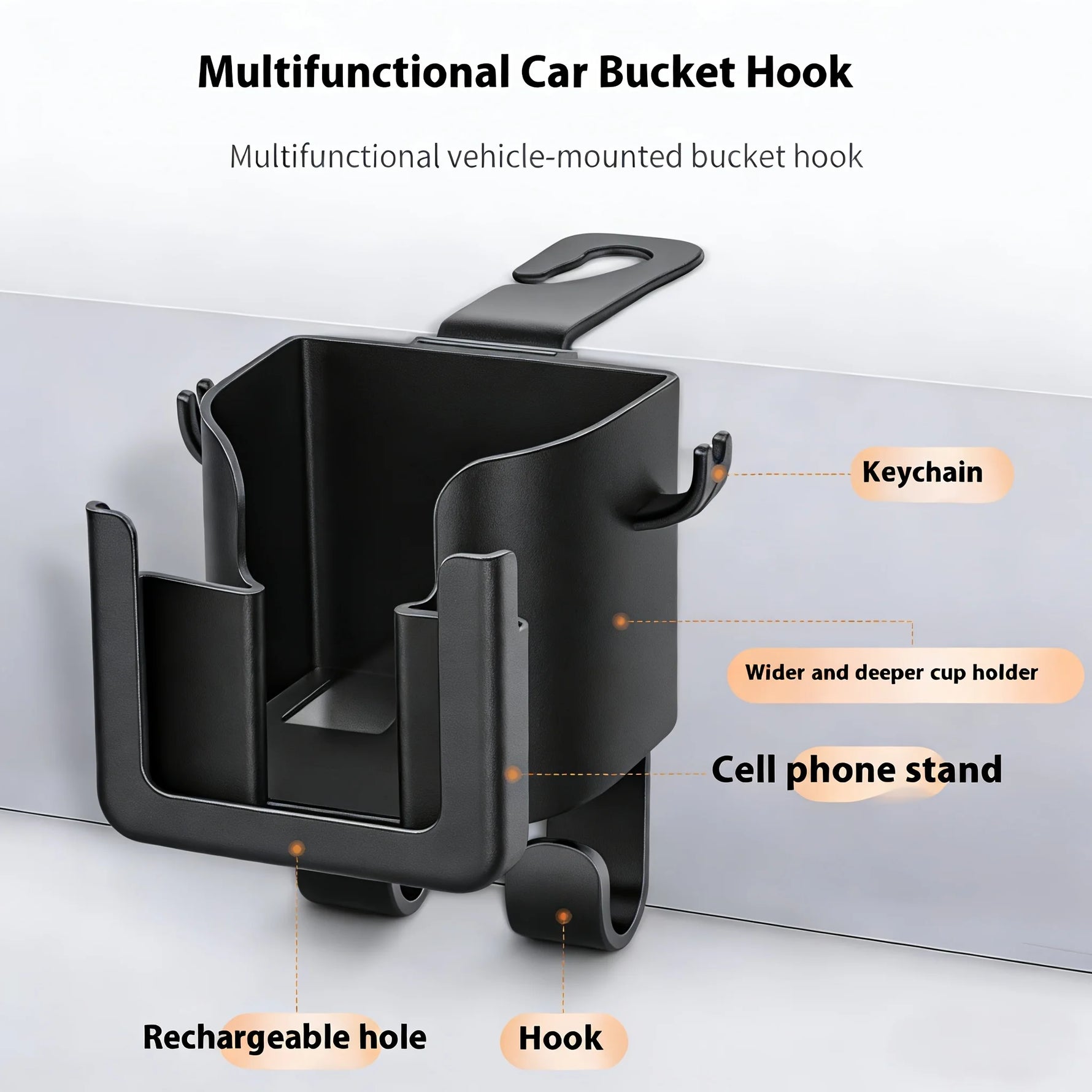 Car Seat Backrest Storage Rack with Cup Holder and Hooks | Space-Saving Car Organizer close-up view