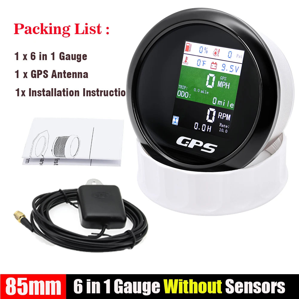 85mm 6 in 1 GPS Speedometer and Tachometer | Digital Gauge with Oil Pressure, Water Te close-up view