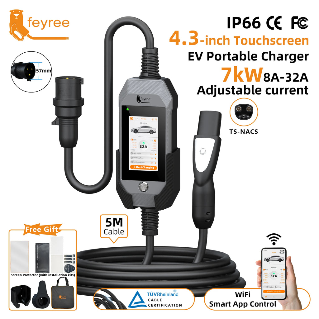 feyree 4.3 Inch Touch Screen Portable EV Charger | 7kW 32A Smart WiFi for Tesla detail view