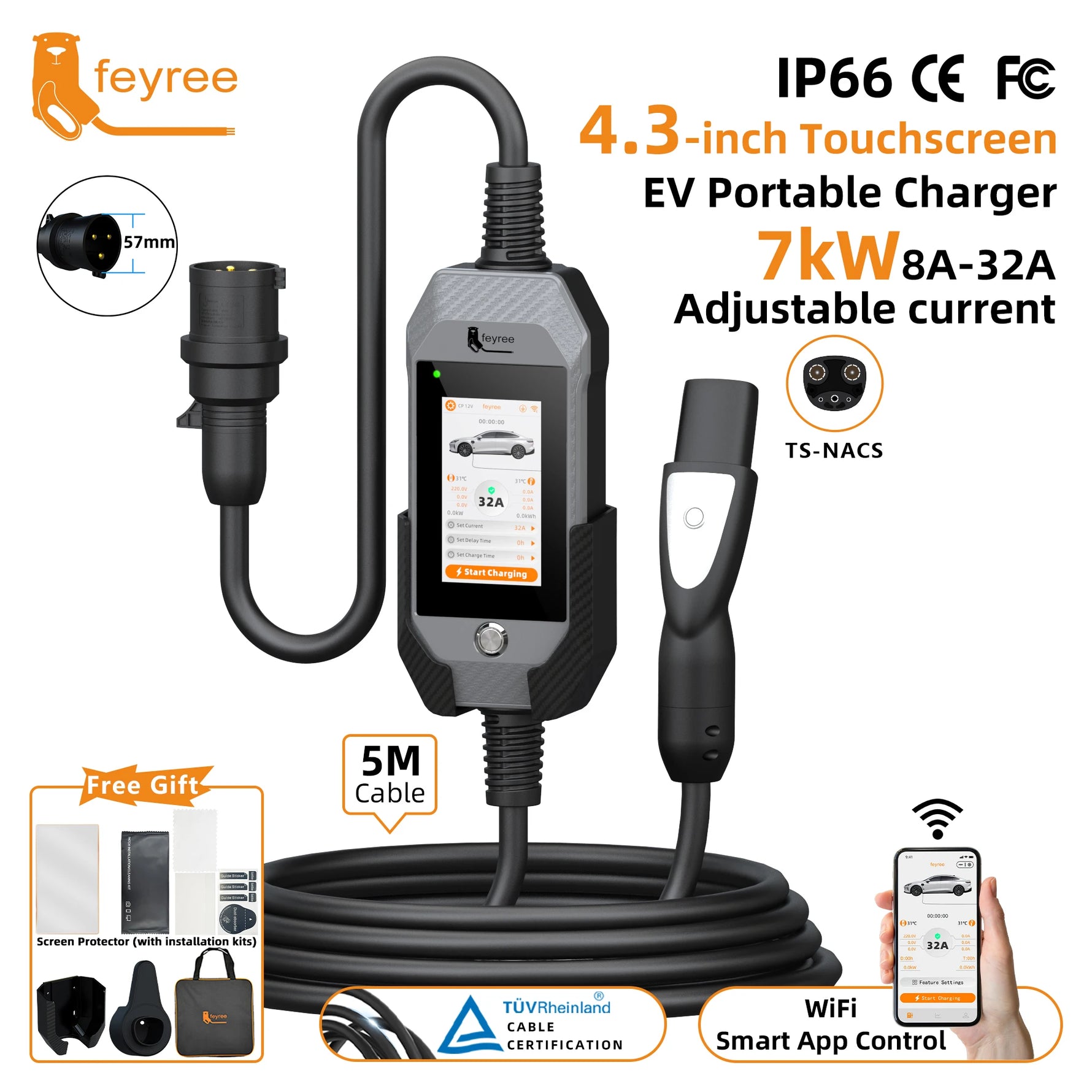 feyree 4.3 Inch Touch Screen Portable EV Charger | 7kW 32A Smart WiFi for Tesla detail view