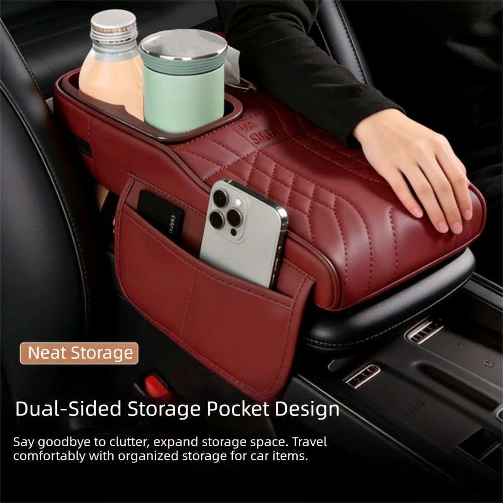 Universal Car Armrest Cushion with Tissue Box & Cup Holder, Multi-Functional Center Console Storage Organizer with Side Pocket