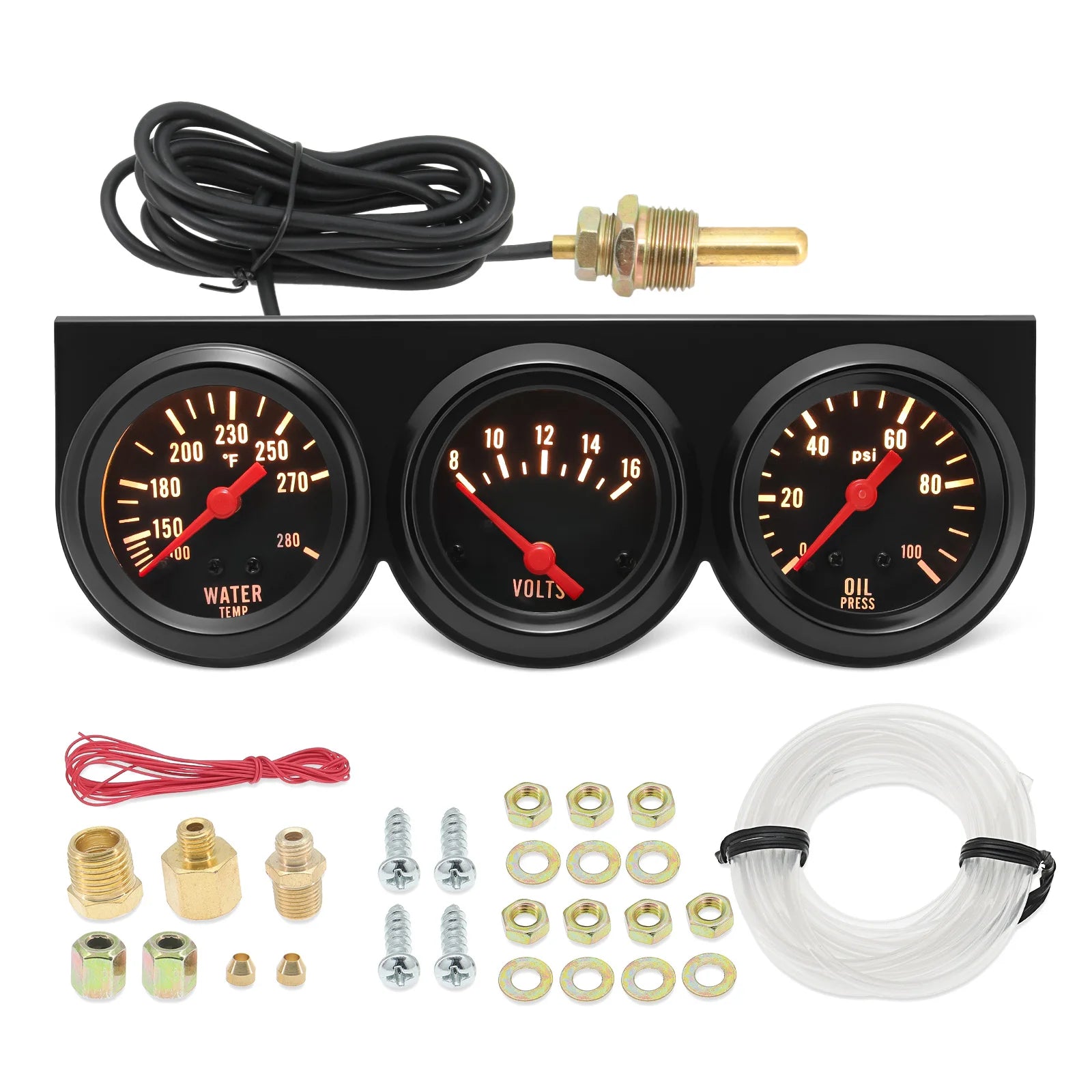3 in 1 Car Meter Kit 52mm Voltmeter Water Temp Oil Press Black Chrome Bezel Triple Gauge Set | Instr
