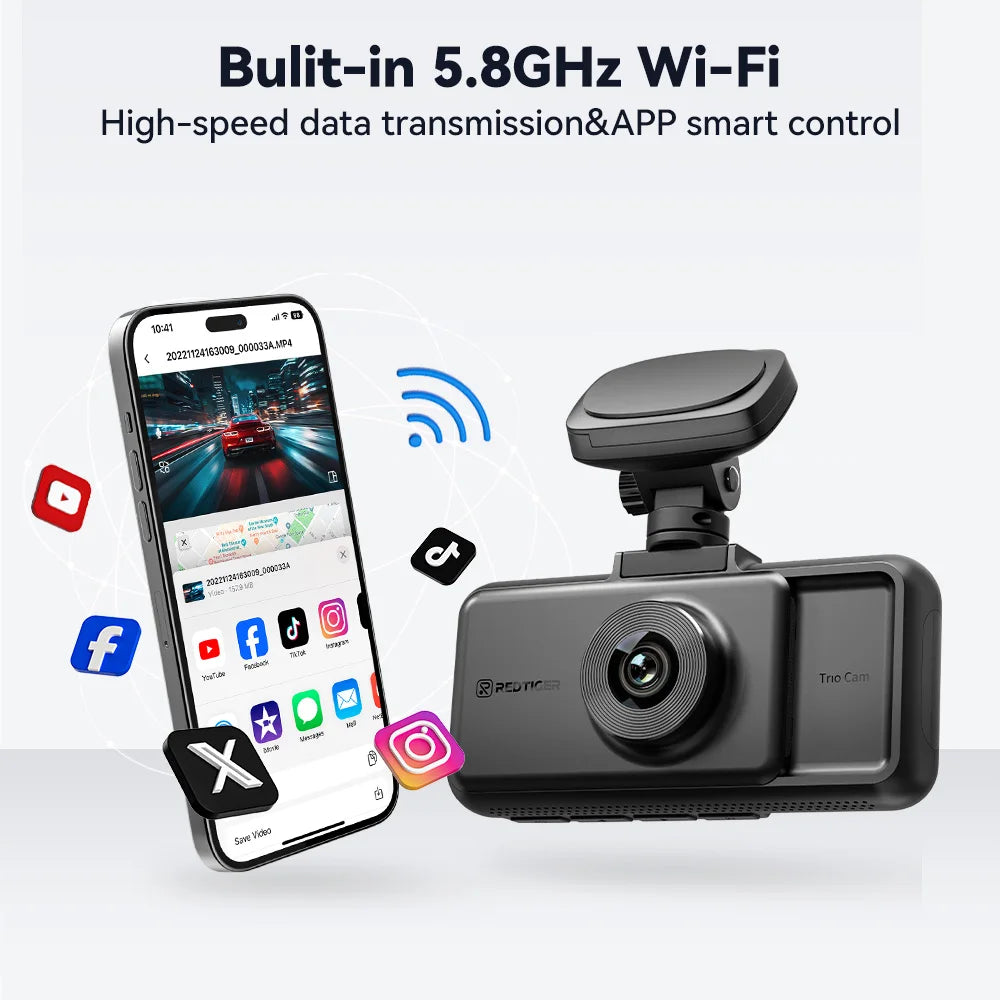 REDTIGER A6 3 Cameras Front/Cabin/Rear 4K Dash Cam | Built-in WiFi GPS Parking Monitor close-up view