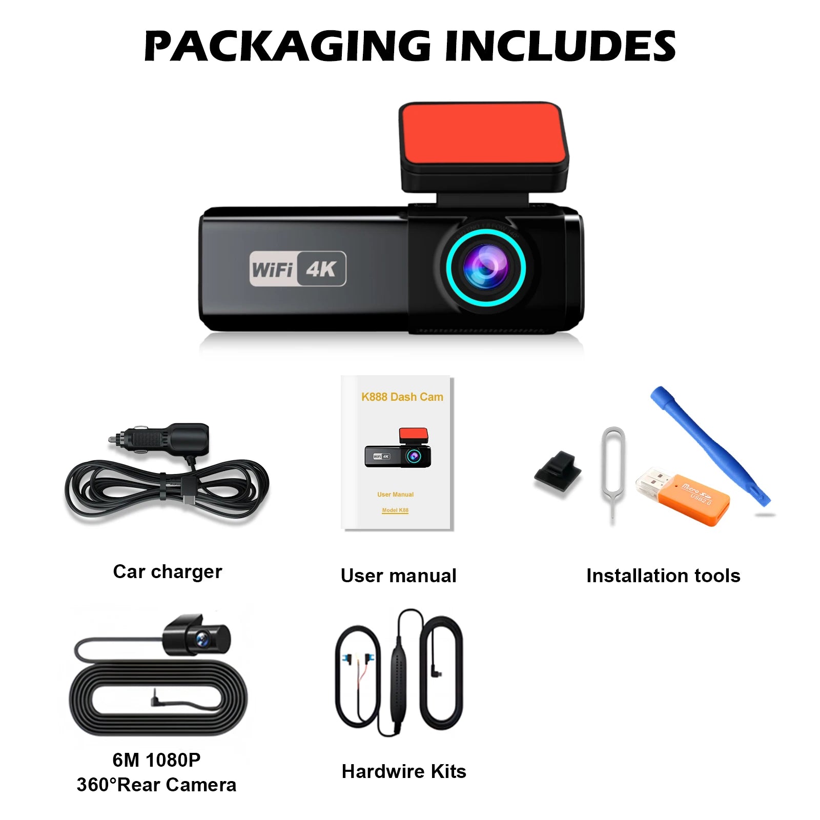 Aprilboy WIFI GPS Car Dash Cam HD 4K Car DVR Front and Rear Dual Lens Auto Car Camera Night Vision G-Sensor 24H Parking Monitor