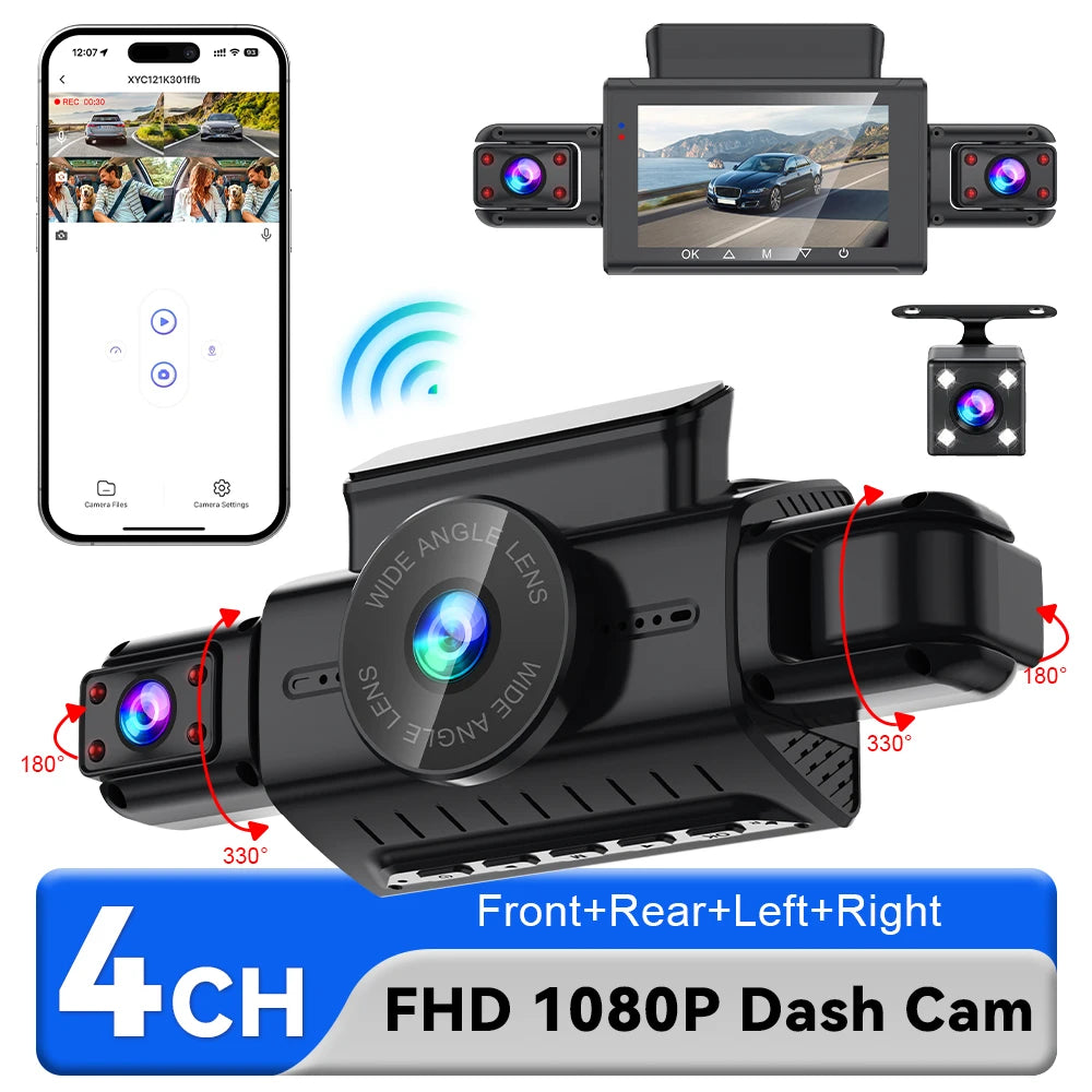 4CH WiFi Dash Cam Front FHD 1080P | 360° Car DVR with Parking Mode