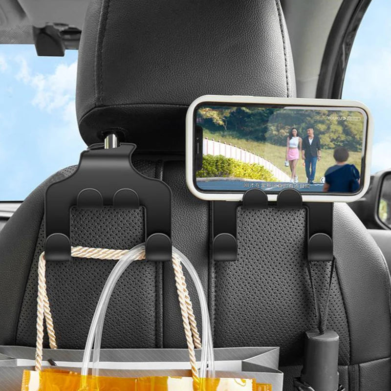 Car Seat Headrest Hook Hanger | Black Storage Organizer for Handbags, Purses, and Coat close-up view