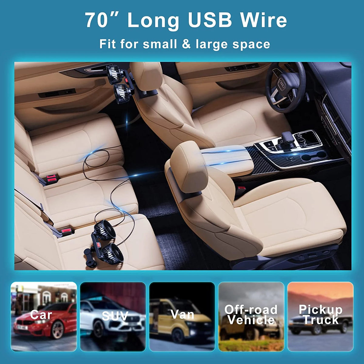 Car Fan 360° 3-speed Car Seat Back Cooling Fan USB Charge Dual Head Fan Adjustable Ro lifestyle view