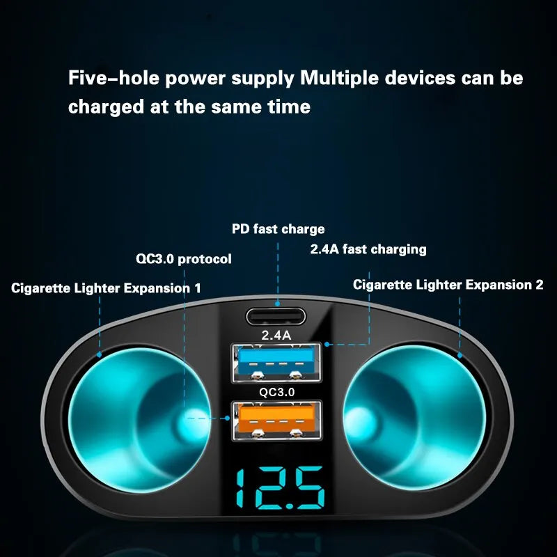 Multiple Devices Can Be Charged at the Same Time with Digital Display Car Charg Dual- alternate view