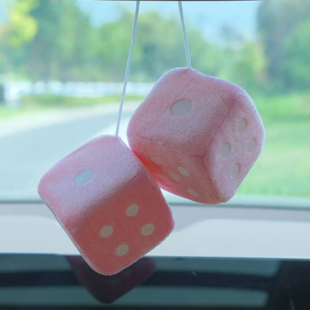 Plush Dice Car Pendant Cute Dice Jewelry Auto Rearview Mirror Hanging Ornament Car In lifestyle view