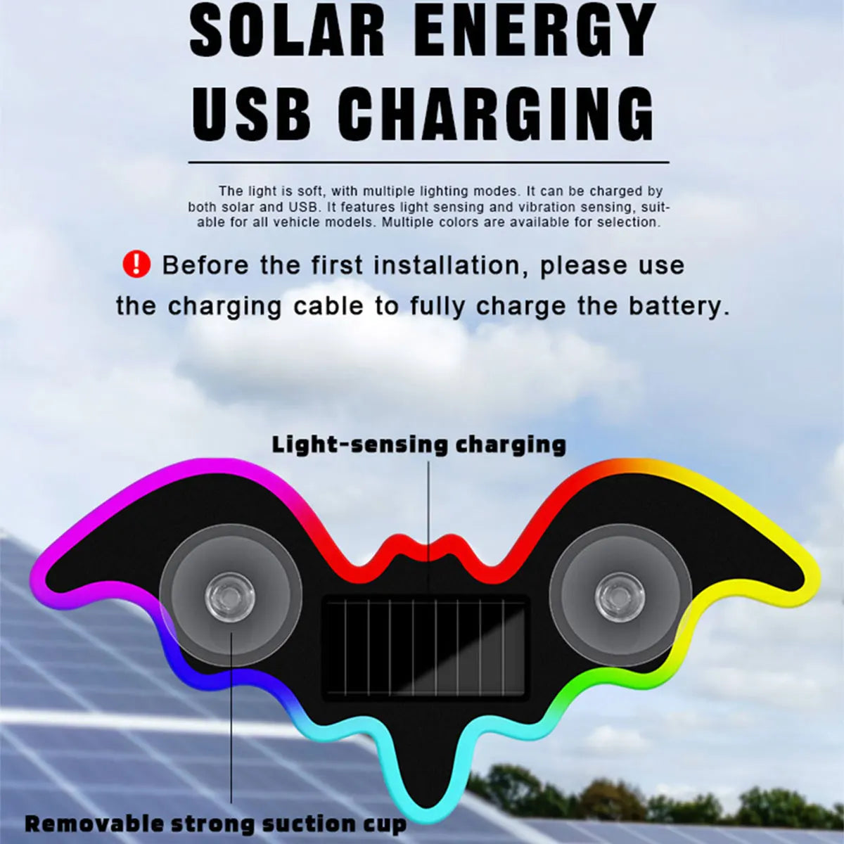 1X Solar Powered Car Neon Light Cool Bat-shaped Dynamic Atmosphere Light Wireless Led close-up view