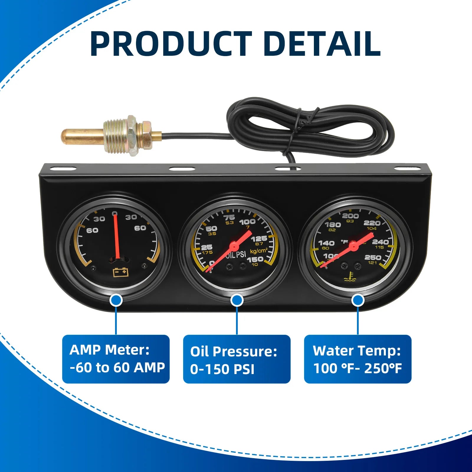 2" 52mm 3 In 1 Auto Gauge Kit | Triple AMP Meter, Oil Pressure & Water Temp detail view