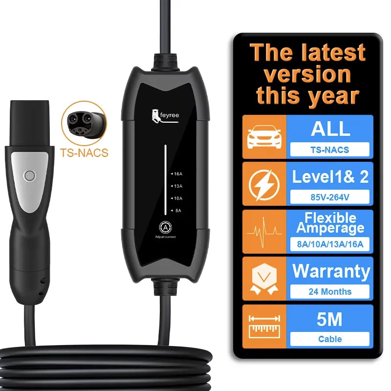 feyree Portable EV Charger 3.5KW 16A Adjustable Current | TS-NACS Plug for Tesla