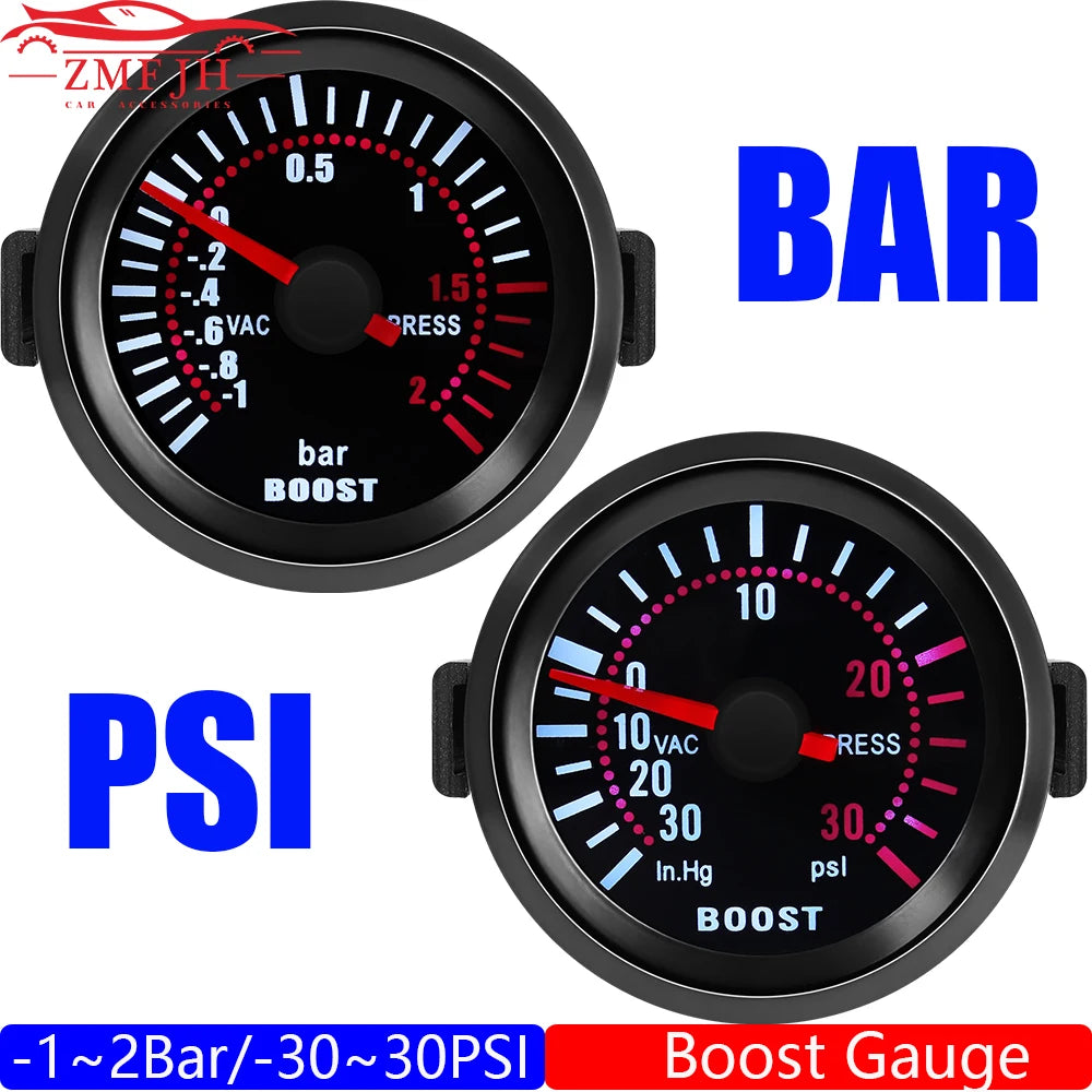 Smoke Lens 2" 52MM Turbo Boost Gauge PSI BAR Boost Meter -30~30PSI -1~2BAR Boost Meter Indicator for Gasoline Racing Car 12V