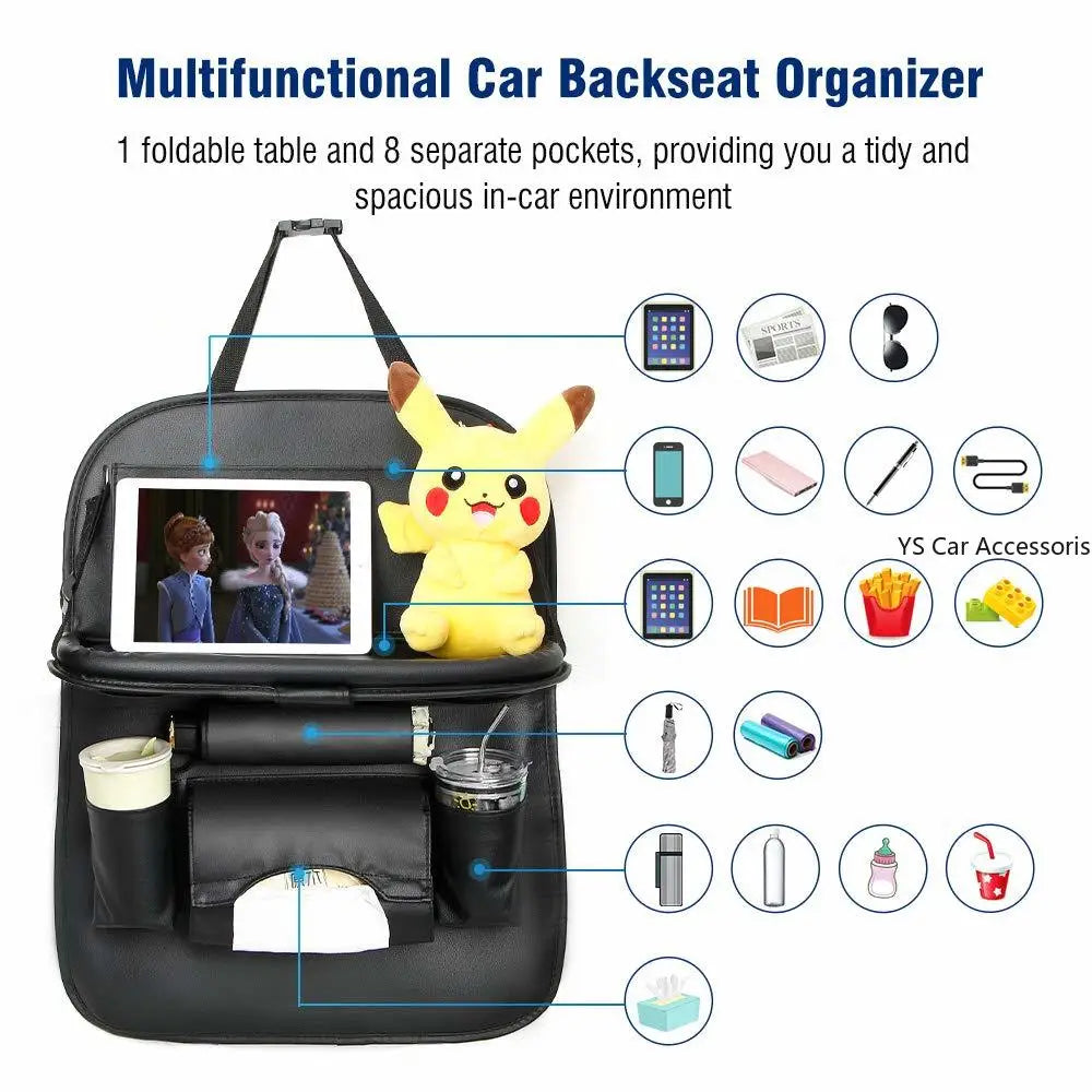 PU Leather Car Seat Back Organizer with Foldable Table