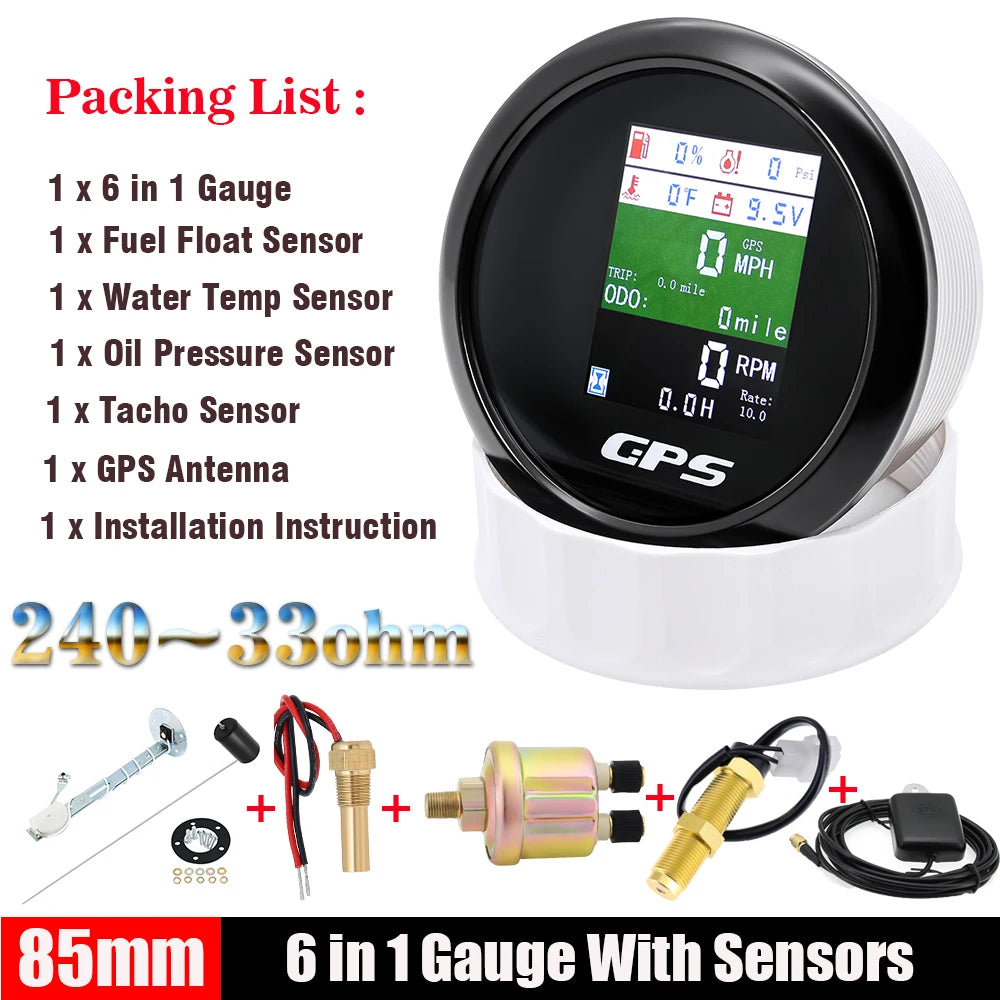 85mm 6 in 1 GPS Speedometer and Tachometer | Digital Gauge with Oil Pressure, Water additional angle