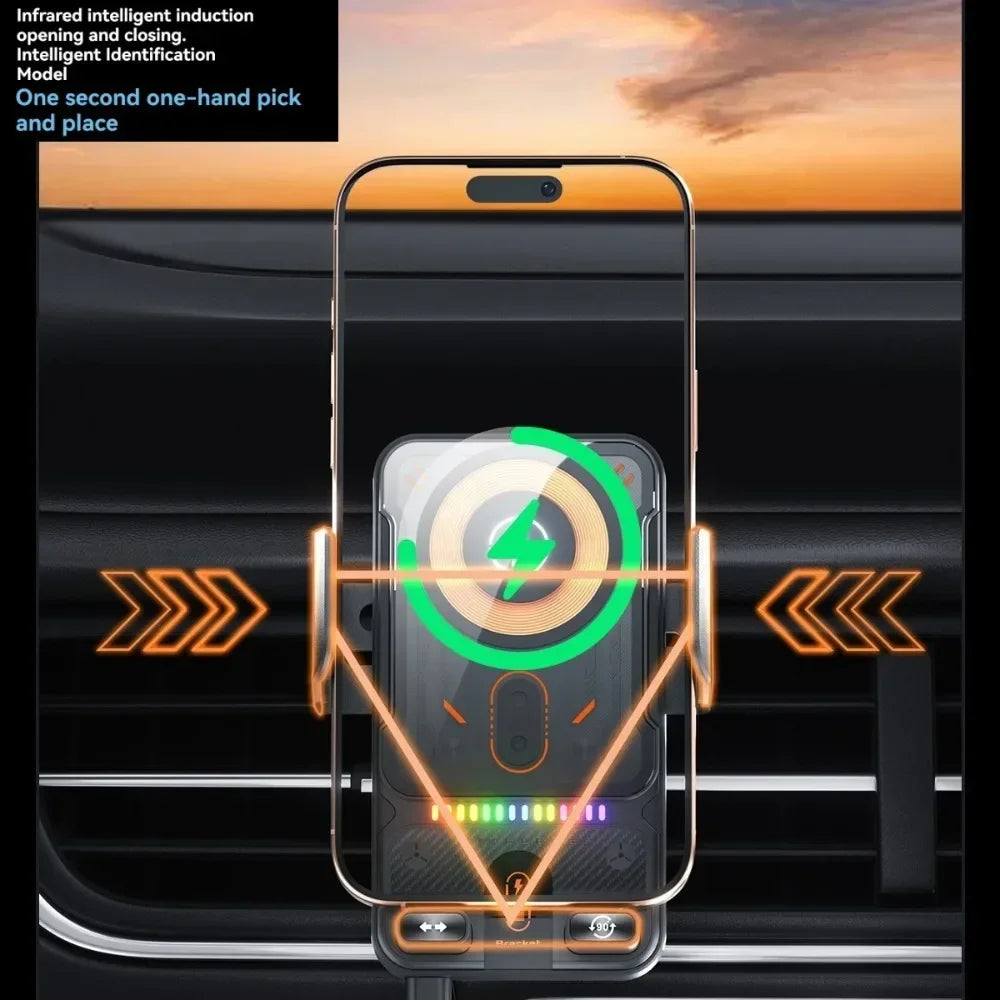 Car Unicersal Air Vent Electric Rotating Opening Closing Phone Holder 15W Wireless Charg detail view
