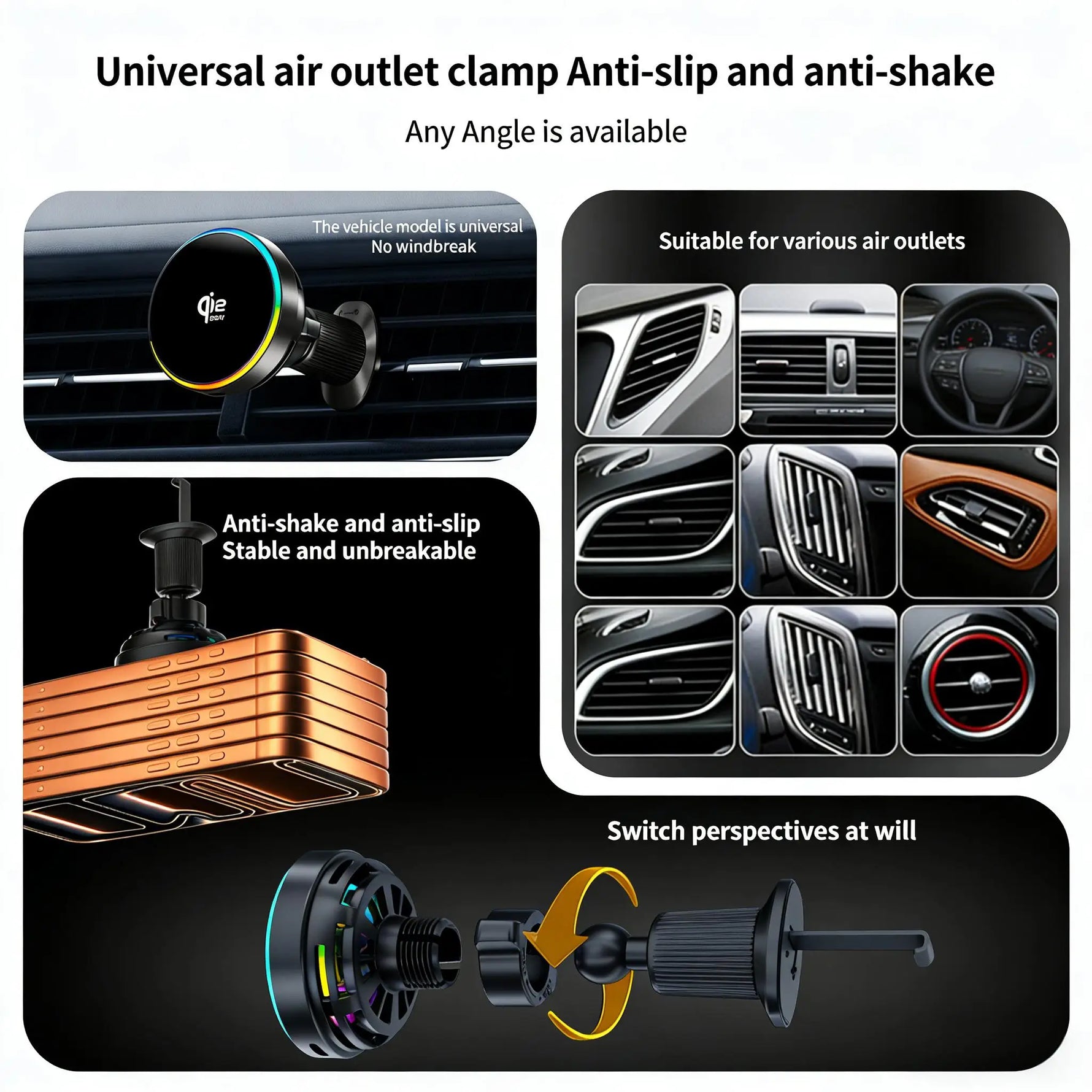 Kebidumei Magnetic Car Phone Holder Wireless Charger  wirh RGB Ambient Light Air Outlet Phone Stand Auto Interior Accessories