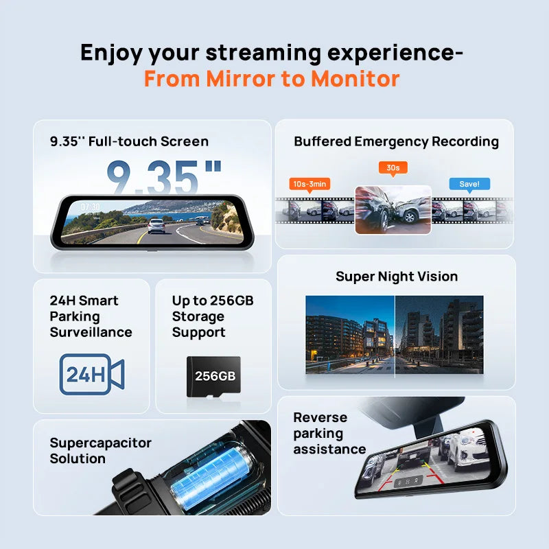 70mai S410 Rearview Dash Cam | 9.35-Inch Touch Screen Dual 2K+1080P Car DVR additional angle