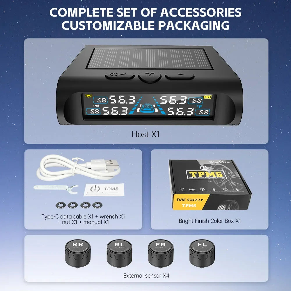 USB/Solar TPMS Temperature Monitor with 4 External Sensors | Digital LCD Tire Pressur lifestyle view